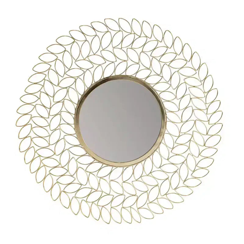 Brewster Damon Leaf Wall Mirror Gold : 28" Round, Modern Style, Metal Frame, No Assembly Required