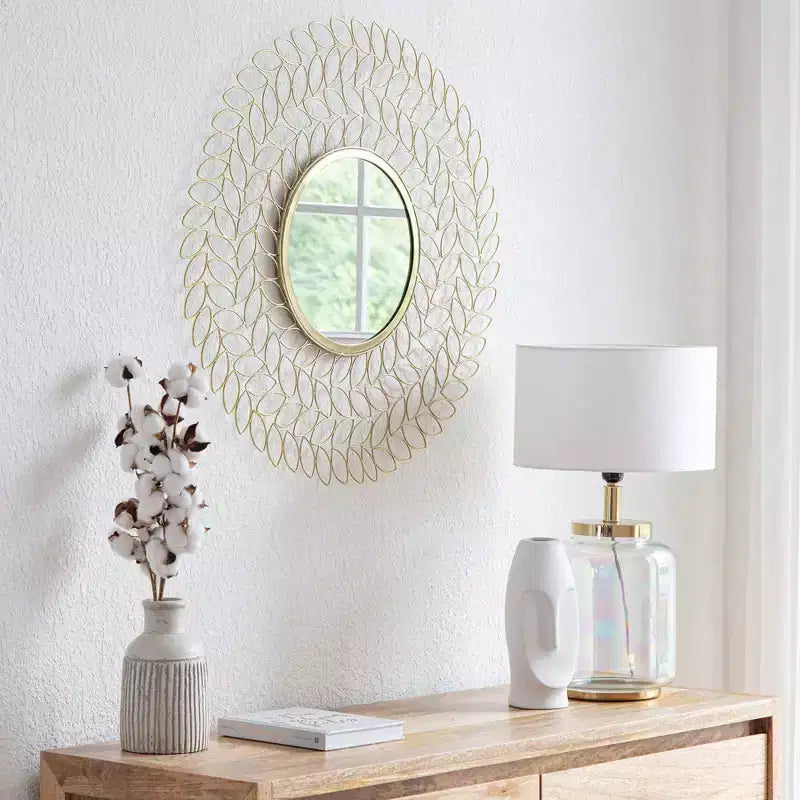 Miroir mural rond doré Brewster Damon Leaf : 28", style moderne, cadre métallique, aucun assemblage requis
