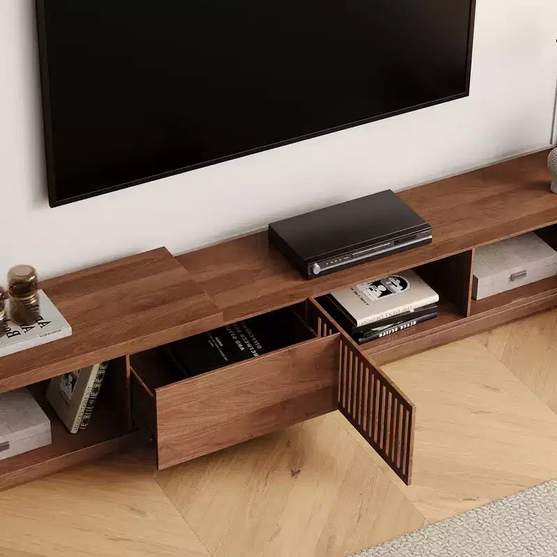 Meuble TV extensible Luck Live de 199,4 cm avec 2 tiroirs, 2 portes d'armoire, un rangement ouvert, 304,8 cm maximum/Couleur noyer et moderne
