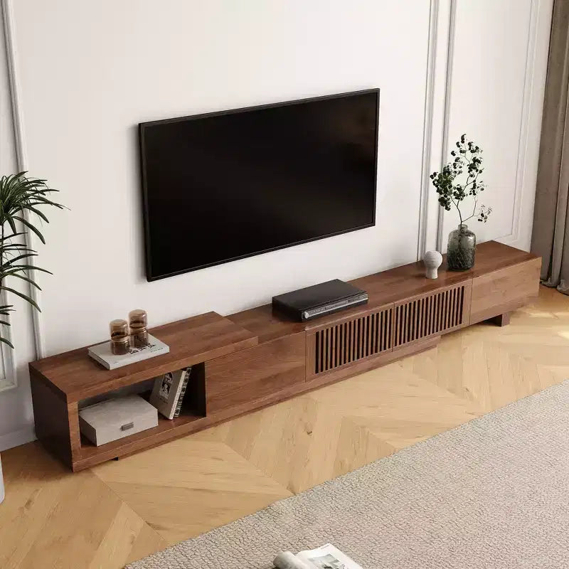 Meuble TV extensible Luck Live de 199,4 cm avec 2 tiroirs, 2 portes d'armoire, un rangement ouvert, 304,8 cm maximum/Couleur noyer et moderne