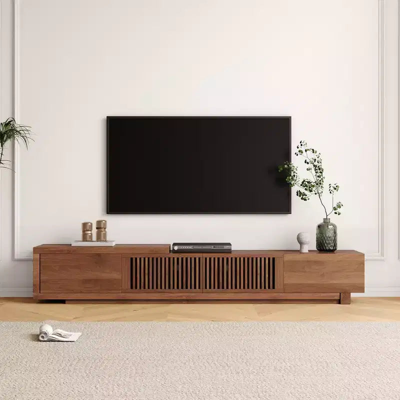 Meuble TV extensible Luck Live de 199,4 cm avec 2 tiroirs, 2 portes d'armoire, un rangement ouvert, 304,8 cm maximum/Couleur noyer et moderne
