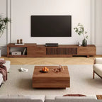 Meuble TV extensible Luck Live de 199,4 cm avec 2 tiroirs, 2 portes d'armoire, un rangement ouvert, 304,8 cm maximum/Couleur noyer et moderne