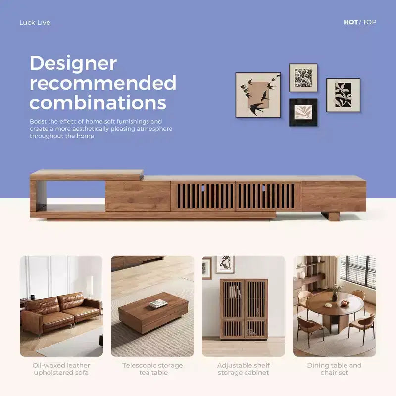 Meuble TV extensible Luck Live de 199,4 cm avec 2 tiroirs, 2 portes d'armoire, un rangement ouvert, 304,8 cm maximum/Couleur noyer et moderne