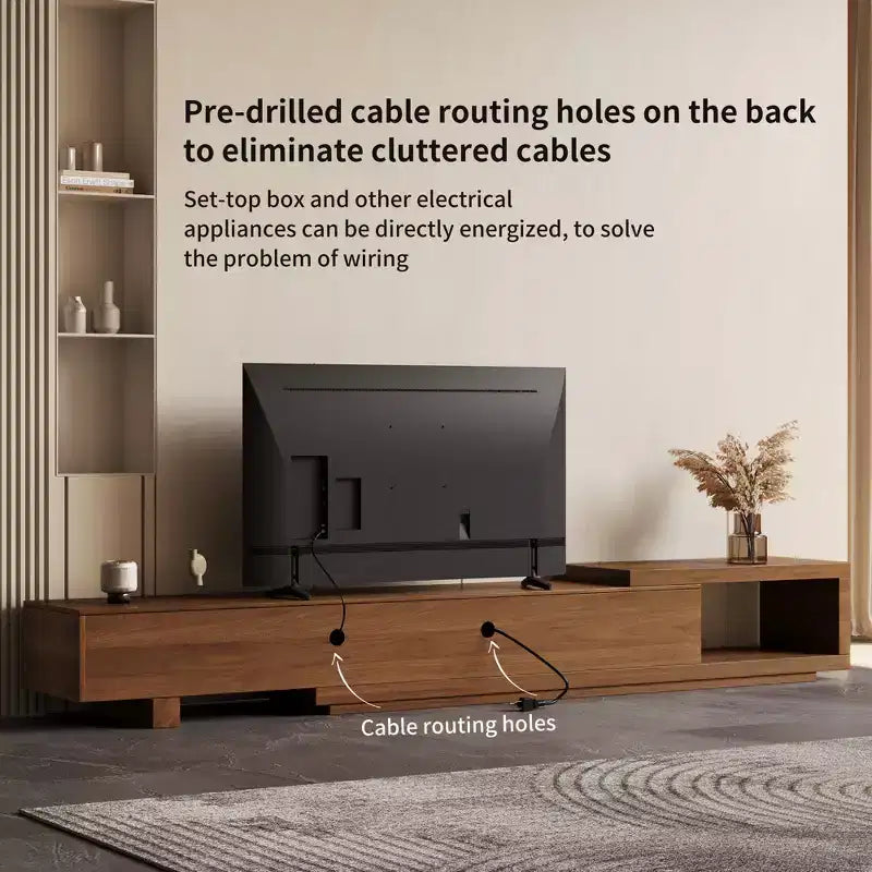 Meuble TV extensible Luck Live de 199,4 cm avec 2 tiroirs, 2 portes d'armoire, un rangement ouvert, 304,8 cm maximum/Couleur noyer et moderne