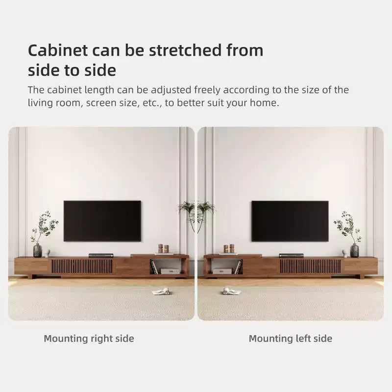Meuble TV extensible Luck Live de 199,4 cm avec 2 tiroirs, 2 portes d'armoire, un rangement ouvert, 304,8 cm maximum/Couleur noyer et moderne