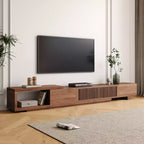 Meuble TV extensible Luck Live de 199,4 cm avec 2 tiroirs, 2 portes d'armoire, un rangement ouvert, 304,8 cm maximum/Couleur noyer et moderne