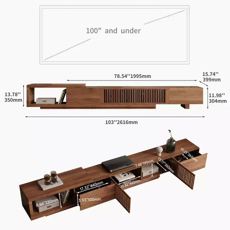 Meuble TV extensible Luck Live de 199,4 cm avec 2 tiroirs, 2 portes d'armoire, un rangement ouvert, 304,8 cm maximum/Couleur noyer et moderne