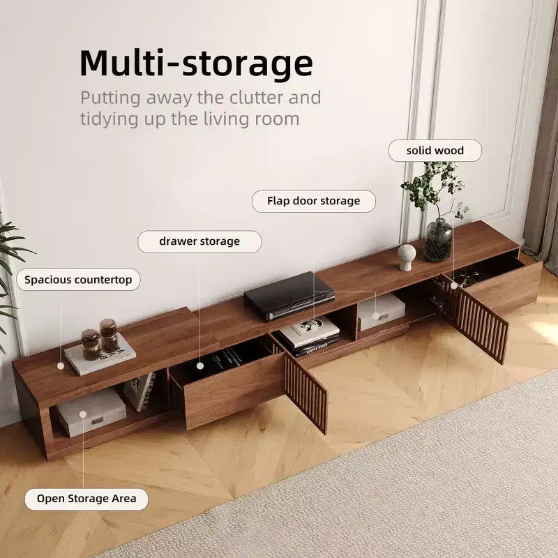 Meuble TV extensible Luck Live de 199,4 cm avec 2 tiroirs, 2 portes d'armoire, un rangement ouvert, 304,8 cm maximum/Couleur noyer et moderne