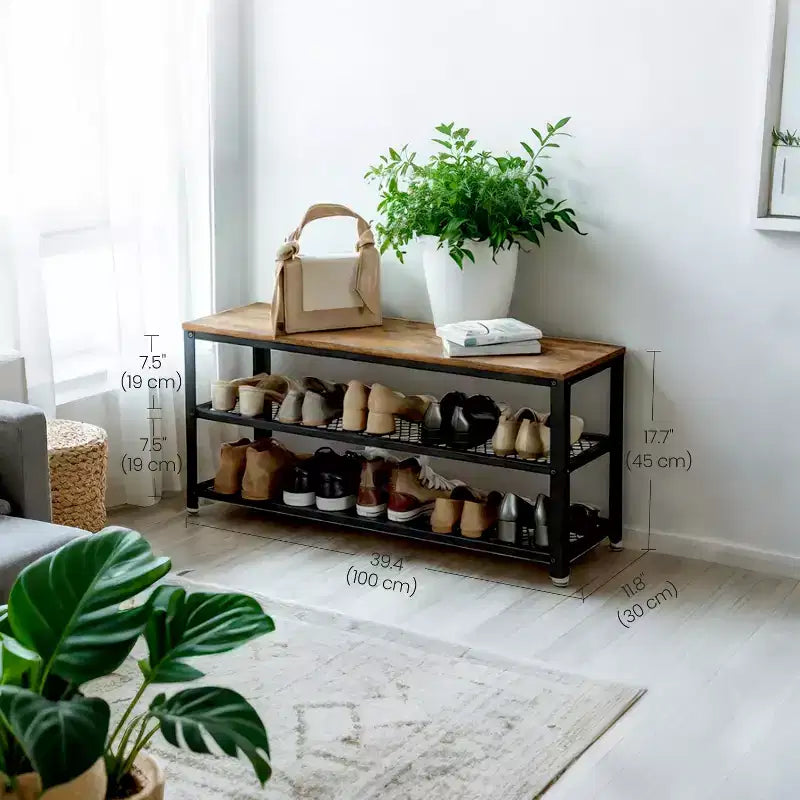 Meuble à Chaussures 3 Niveaux, Banc de Rangement avec Étagères et Assise en Maille Métallique, Organisateur de Chaussures Autonome pour Entrée, 30 x 100 x 45 cm