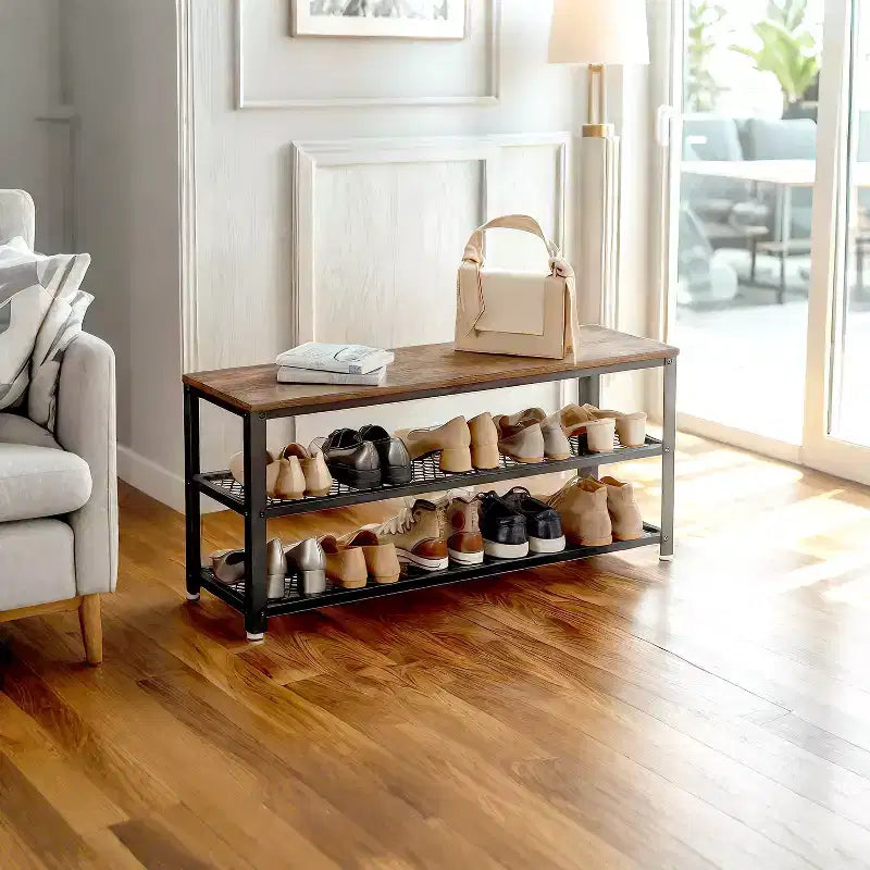 Meuble à Chaussures 3 Niveaux, Banc de Rangement avec Étagères et Assise en Maille Métallique, Organisateur de Chaussures Autonome pour Entrée, 30 x 100 x 45 cm