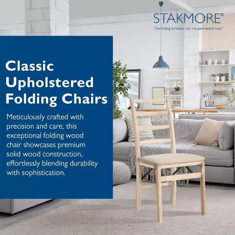 Stakmore Shaker Ladderback Chaise Pliante de Salle à Manger en Bois Massif de Qualité Supérieure avec Siège Rembourré en Tissu, Lot de 2, Brut
