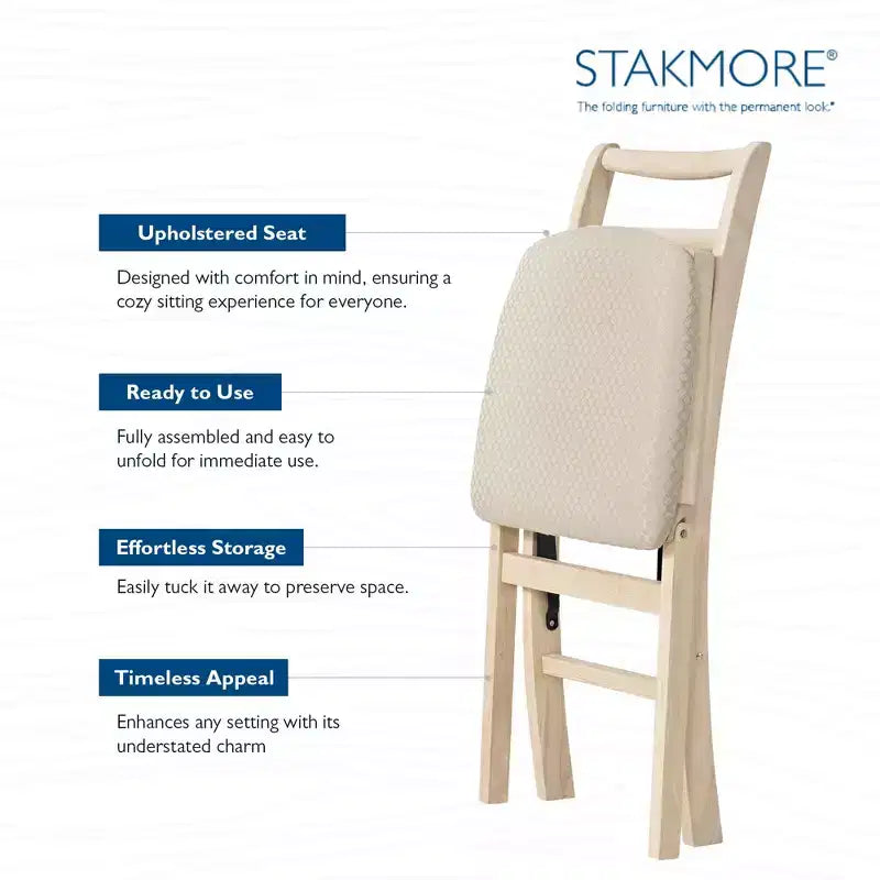 Stakmore Shaker Ladderback Chaise Pliante de Salle à Manger en Bois Massif de Qualité Supérieure avec Siège Rembourré en Tissu, Lot de 2, Brut
