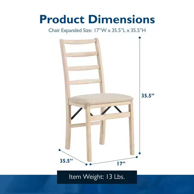 Stakmore Shaker Ladderback Chaise Pliante de Salle à Manger en Bois Massif de Qualité Supérieure avec Siège Rembourré en Tissu, Lot de 2, Brut