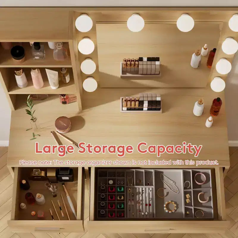 HYLEORY Coiffeuse avec miroir, prise de courant et 10 ampoules, table de maquillage avec 3 tiroirs, 3 modes de couleur disponibles pour chambre à coucher