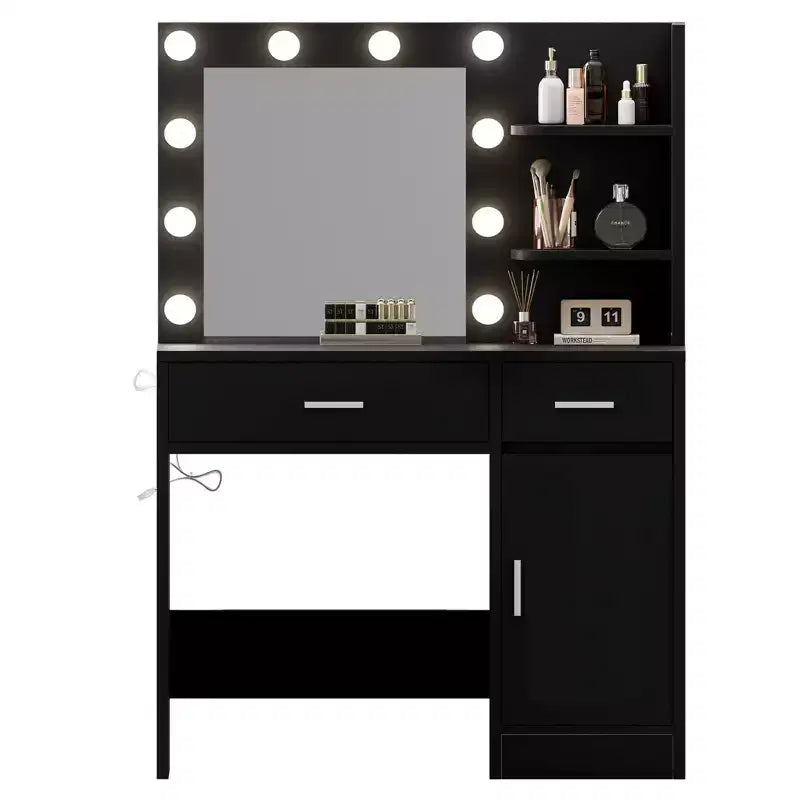 HYLEORY Coiffeuse avec miroir, prise de courant et 10 ampoules, table de maquillage avec 3 tiroirs, 3 modes de couleur disponibles pour chambre à coucher