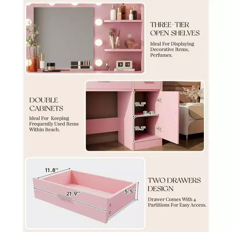 HYLEORY Coiffeuse avec miroir, prise de courant et 10 ampoules, table de maquillage avec 3 tiroirs, 3 modes de couleur disponibles pour chambre à coucher