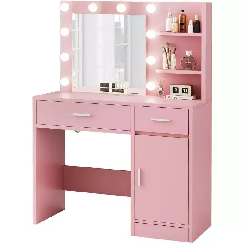 HYLEORY Coiffeuse avec miroir, prise de courant et 10 ampoules, table de maquillage avec 3 tiroirs, 3 modes de couleur disponibles pour chambre à coucher