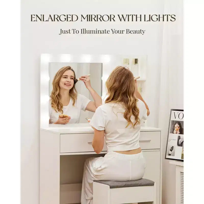 HYLEORY Coiffeuse avec miroir, prise de courant et 10 ampoules, table de maquillage avec 3 tiroirs, 3 modes de couleur disponibles pour chambre à coucher