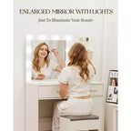 HYLEORY Coiffeuse avec miroir, prise de courant et 10 ampoules, table de maquillage avec 3 tiroirs, 3 modes de couleur disponibles pour chambre à coucher