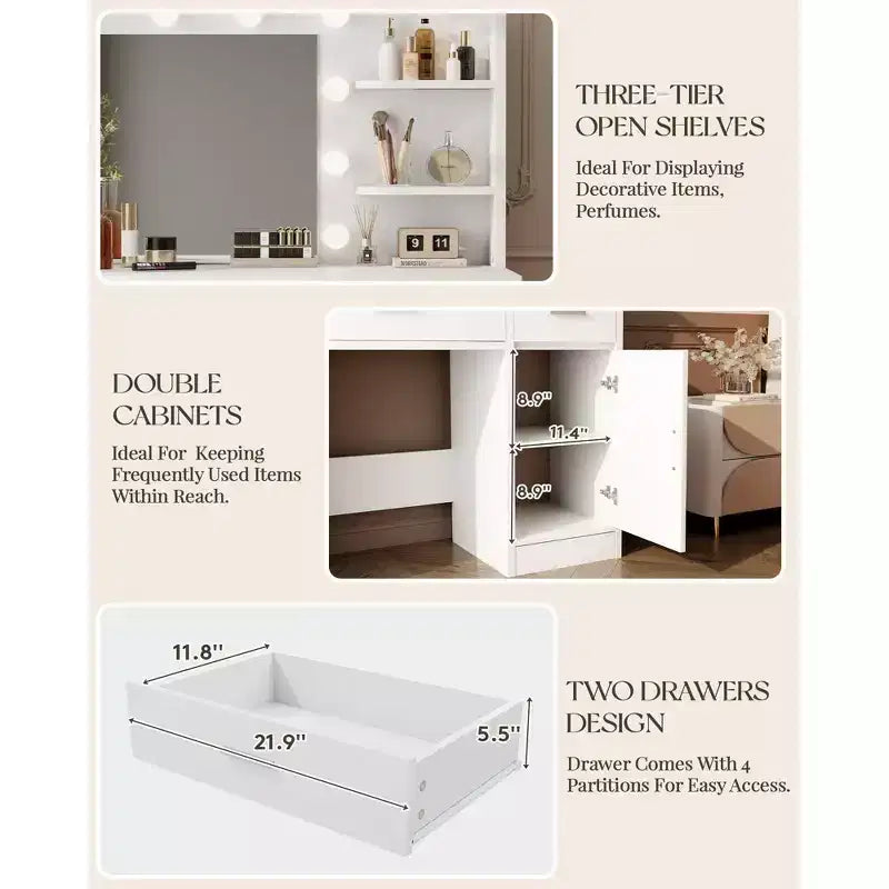 HYLEORY Coiffeuse avec miroir, prise de courant et 10 ampoules, table de maquillage avec 3 tiroirs, 3 modes de couleur disponibles pour chambre à coucher