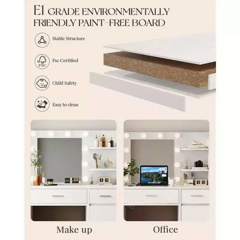 HYLEORY Coiffeuse avec miroir, prise de courant et 10 ampoules, table de maquillage avec 3 tiroirs, 3 modes de couleur disponibles pour chambre à coucher