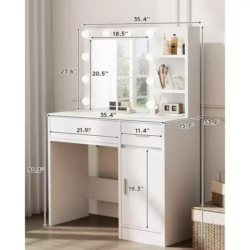 HYLEORY Coiffeuse avec miroir, prise de courant et 10 ampoules, table de maquillage avec 3 tiroirs, 3 modes de couleur disponibles pour chambre à coucher
