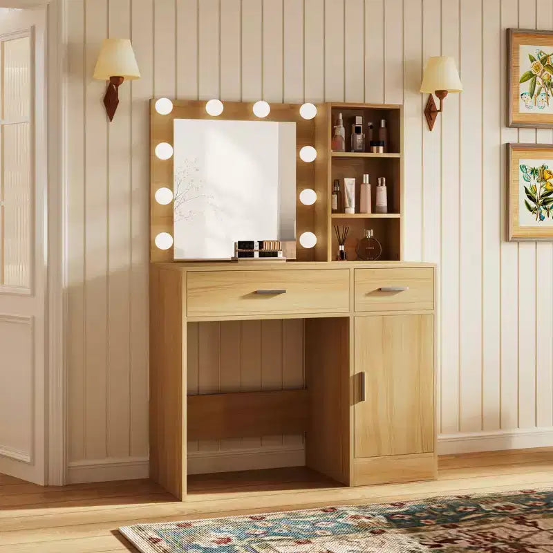 HYLEORY Coiffeuse avec miroir, prise de courant et 10 ampoules, table de maquillage avec 3 tiroirs, 3 modes de couleur disponibles pour chambre à coucher