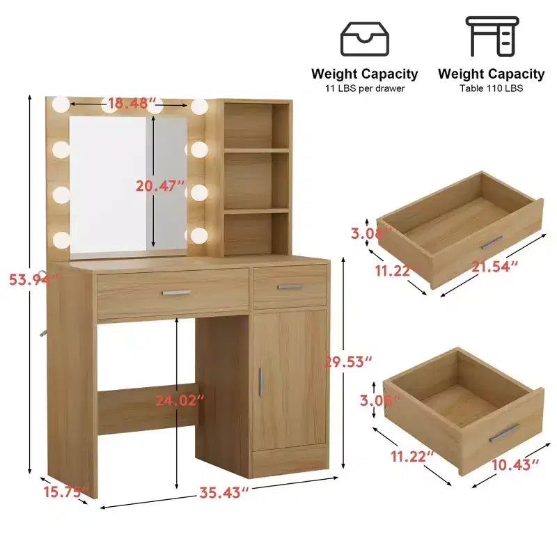 HYLEORY Coiffeuse avec miroir, prise de courant et 10 ampoules, table de maquillage avec 3 tiroirs, 3 modes de couleur disponibles pour chambre à coucher
