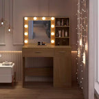 HYLEORY Coiffeuse avec miroir, prise de courant et 10 ampoules, table de maquillage avec 3 tiroirs, 3 modes de couleur disponibles pour chambre à coucher