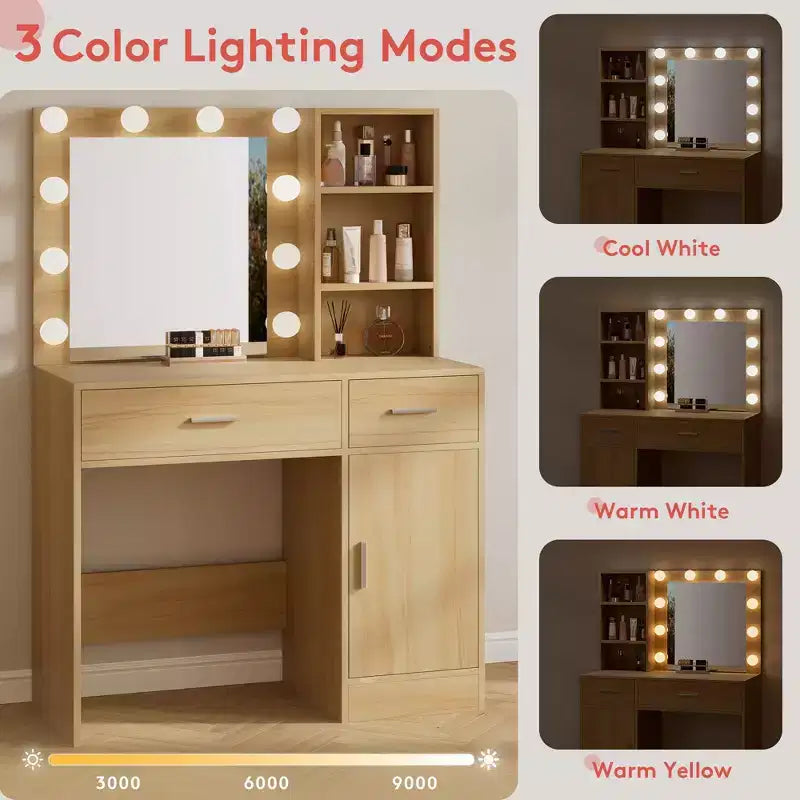 HYLEORY Coiffeuse avec miroir, prise de courant et 10 ampoules, table de maquillage avec 3 tiroirs, 3 modes de couleur disponibles pour chambre à coucher