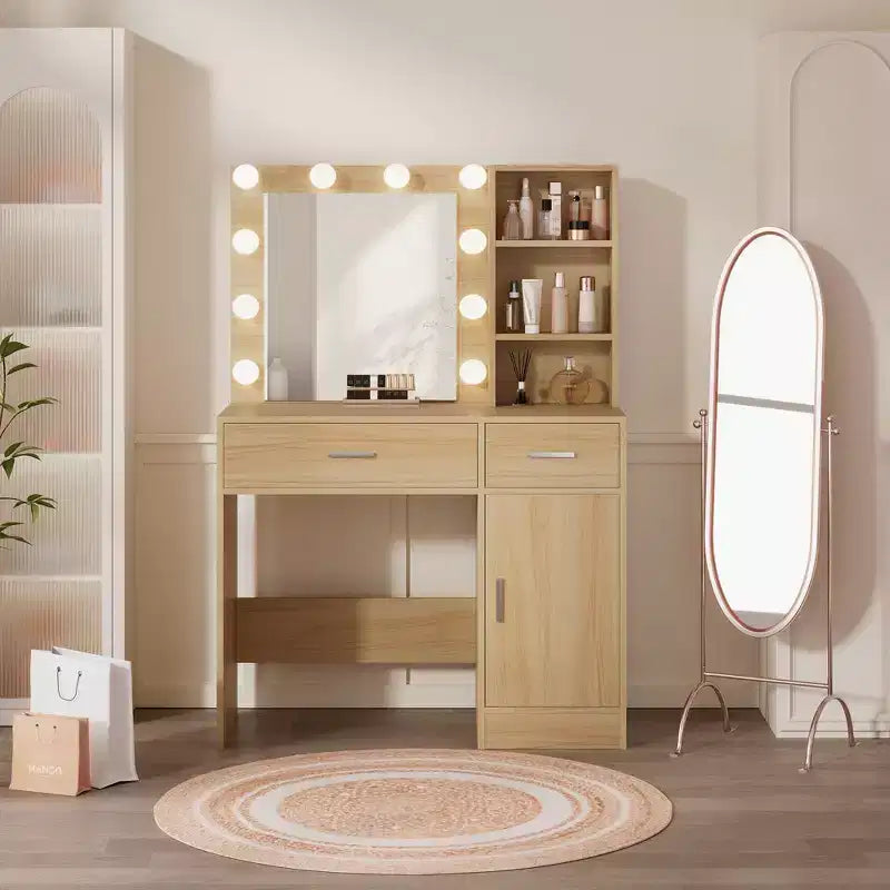 HYLEORY Coiffeuse avec miroir, prise de courant et 10 ampoules, table de maquillage avec 3 tiroirs, 3 modes de couleur disponibles pour chambre à coucher