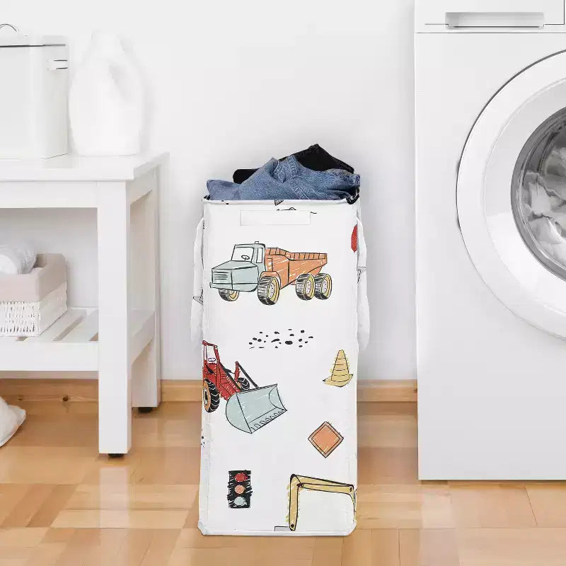 Sweet Jojo Designs Panier à linge pliable pour garçon avec poignées Motif camion de chantier Rouge, bleu et gris