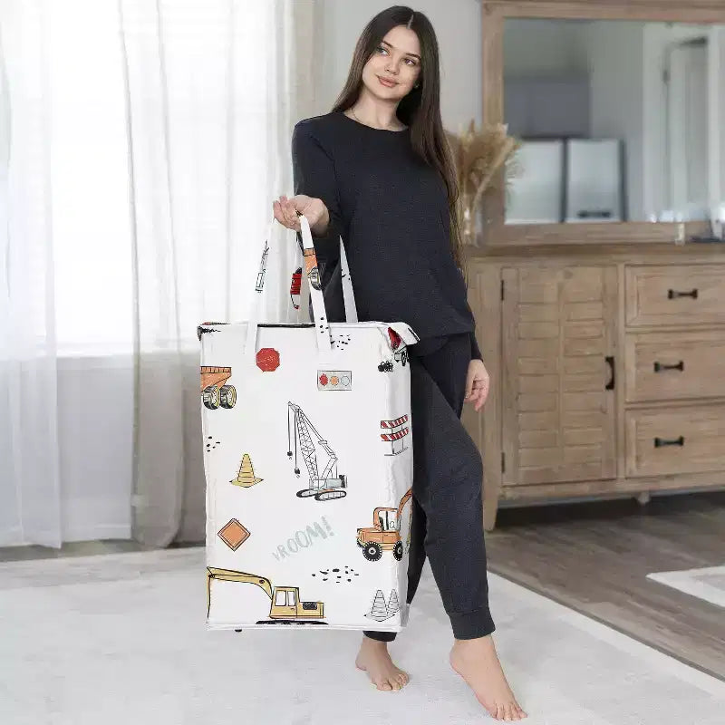 Sweet Jojo Designs Panier à linge pliable pour garçon avec poignées Motif camion de chantier Rouge, bleu et gris