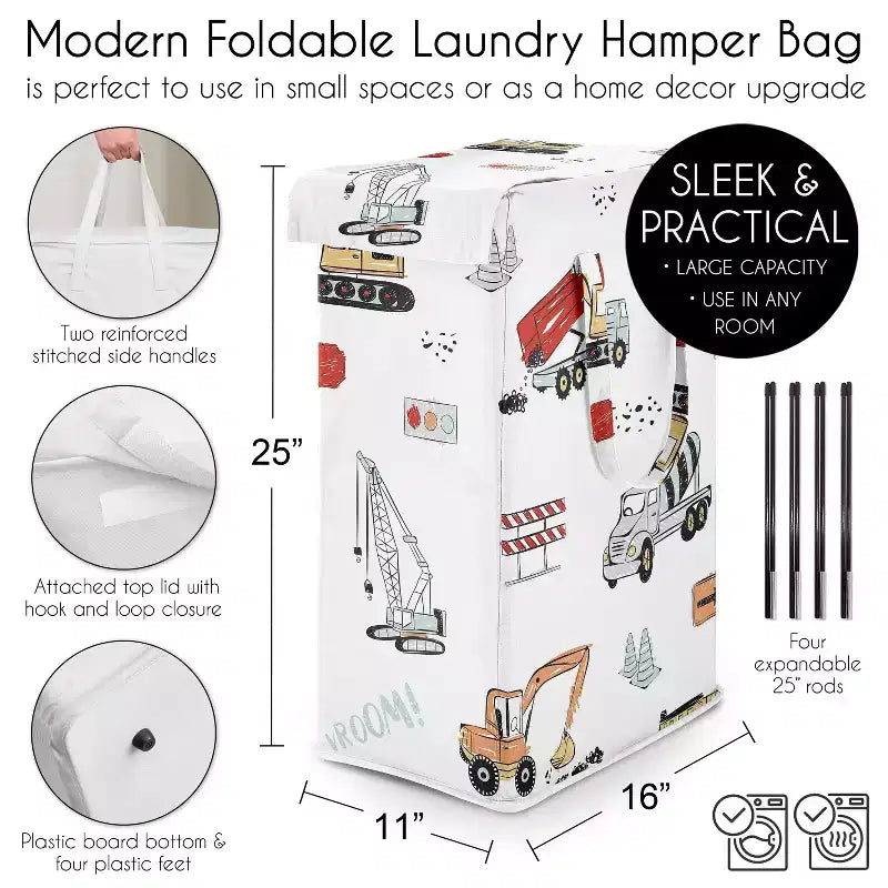 Sweet Jojo Designs Panier à linge pliable pour garçon avec poignées Motif camion de chantier Rouge, bleu et gris