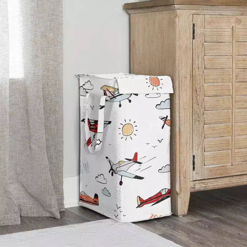Sweet Jojo Designs Panier à linge pliable pour garçon avec poignées, motif avion, rouge, bleu et blanc