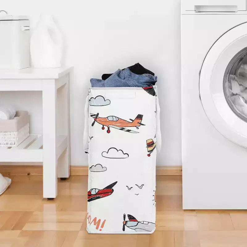 Sweet Jojo Designs Panier à linge pliable pour garçon avec poignées, motif avion, rouge, bleu et blanc