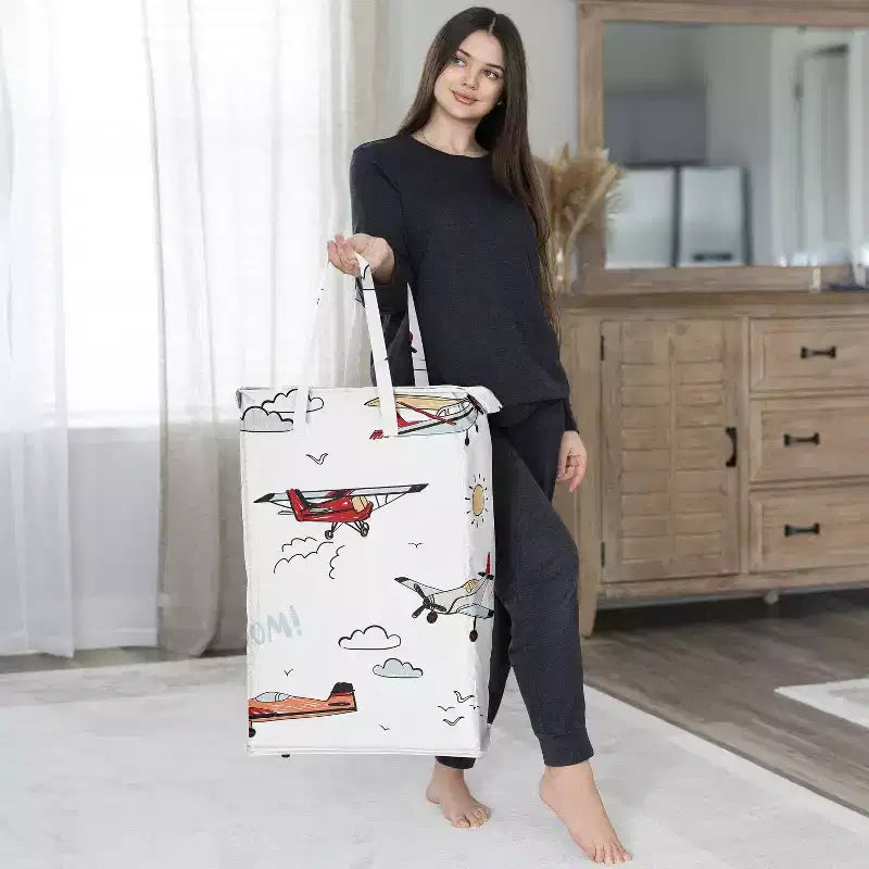 Sweet Jojo Designs Panier à linge pliable pour garçon avec poignées, motif avion, rouge, bleu et blanc