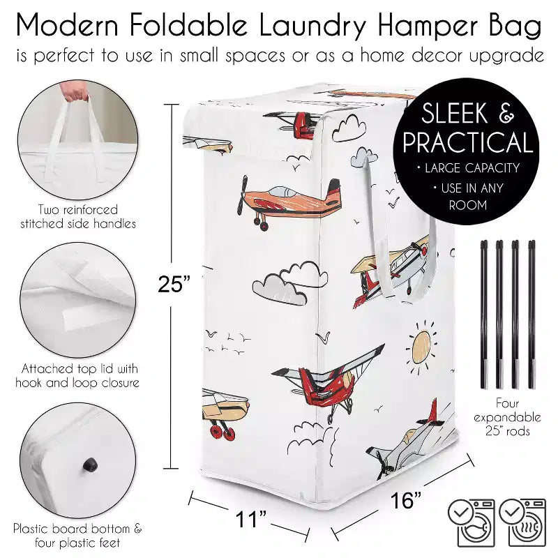 Sweet Jojo Designs Panier à linge pliable pour garçon avec poignées, motif avion, rouge, bleu et blanc