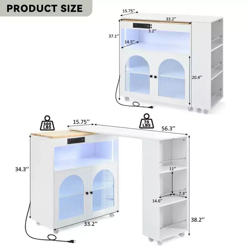 Îlot de cuisine moderne Whisen avec table rallongée et lumières LED
