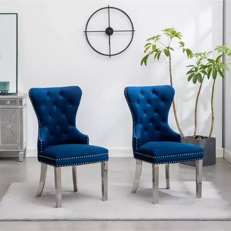 Roundhill Furniture Montura, Fauteuil capitonné contemporain en velours avec clous décoratifs, lot de 2, bleu