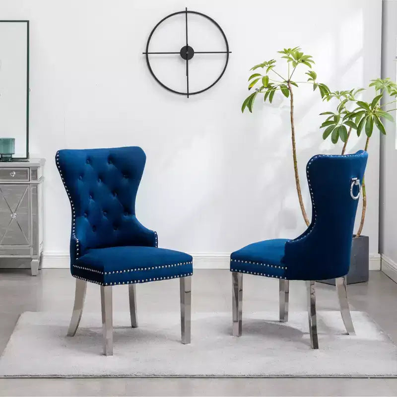 Roundhill Furniture Montura, Fauteuil capitonné contemporain en velours avec clous décoratifs, lot de 2, bleu