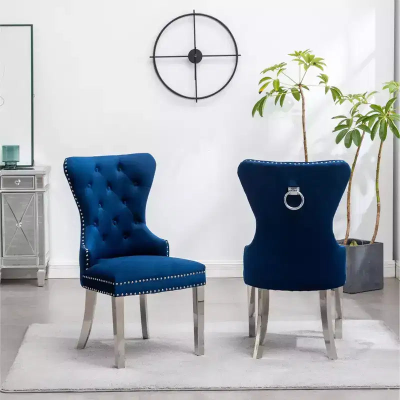 Roundhill Furniture Montura, Fauteuil capitonné contemporain en velours avec clous décoratifs, lot de 2, bleu