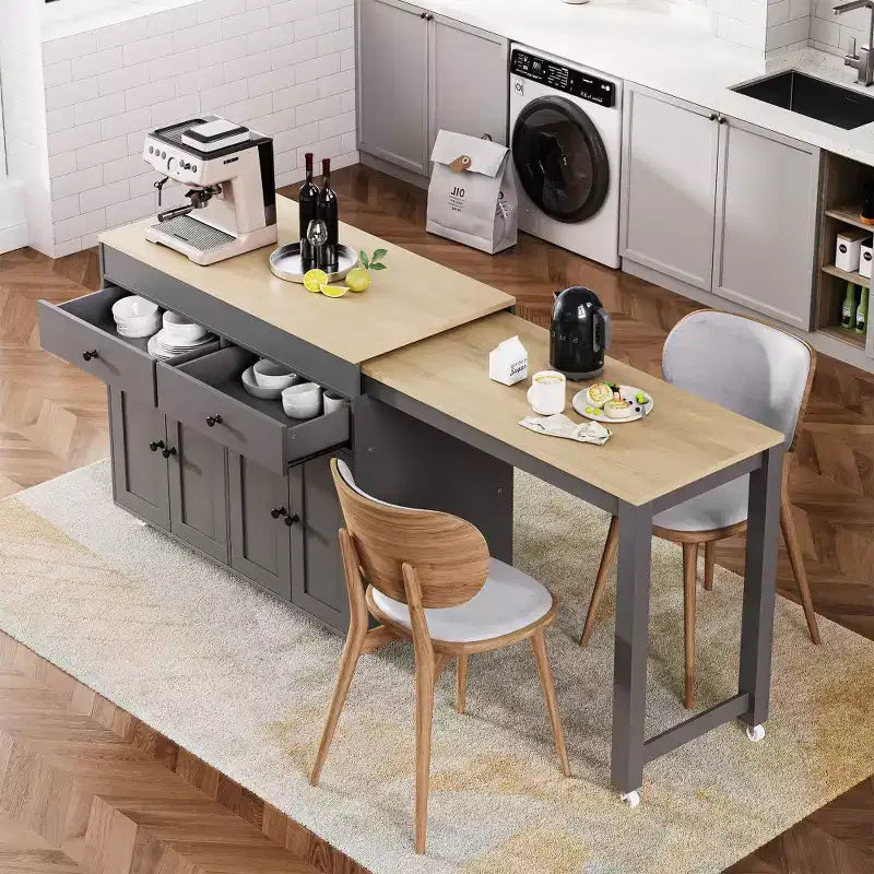 Îlot de cuisine avec table à manger extensible, table de cuisine bicolore avec prise de courant, 2 tiroirs et 2 étagères latérales ouvertes
