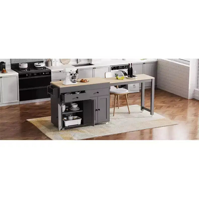 Îlot de cuisine avec table à manger extensible, table de cuisine bicolore avec prise de courant, 2 tiroirs et 2 étagères latérales ouvertes
