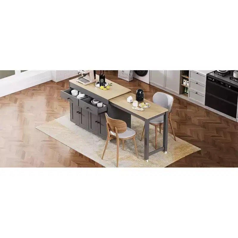 Îlot de cuisine avec table à manger extensible, table de cuisine bicolore avec prise de courant, 2 tiroirs et 2 étagères latérales ouvertes