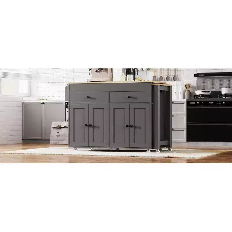 Îlot de cuisine avec table à manger extensible, table de cuisine bicolore avec prise de courant, 2 tiroirs et 2 étagères latérales ouvertes