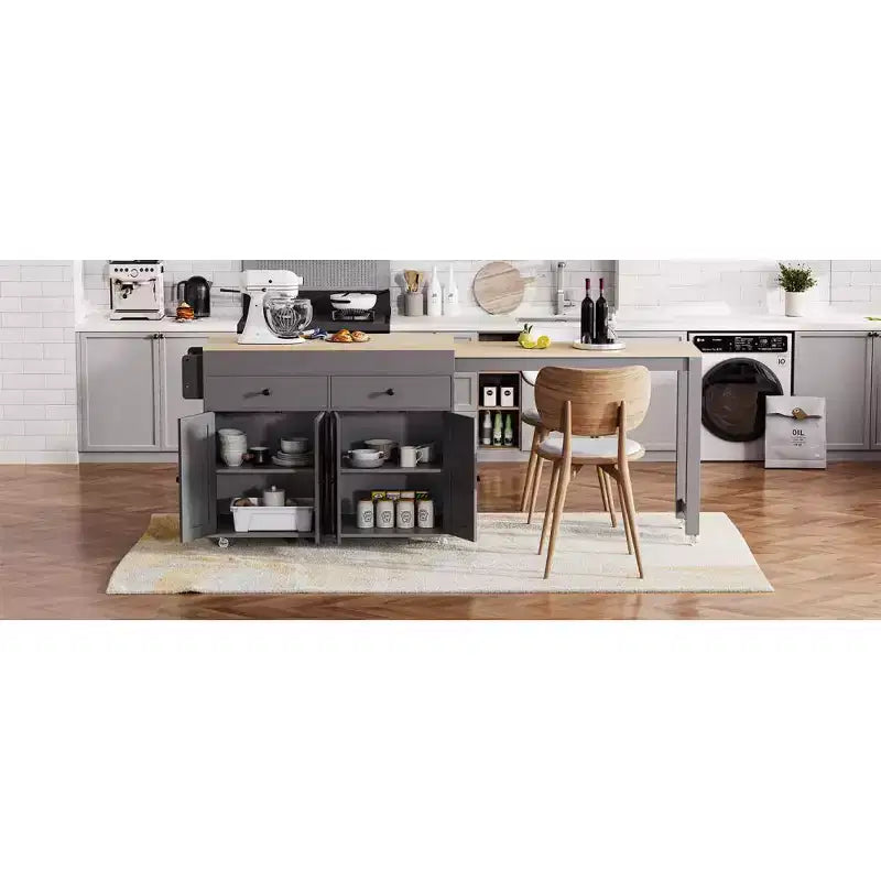 Îlot de cuisine avec table à manger extensible, table de cuisine bicolore avec prise de courant, 2 tiroirs et 2 étagères latérales ouvertes