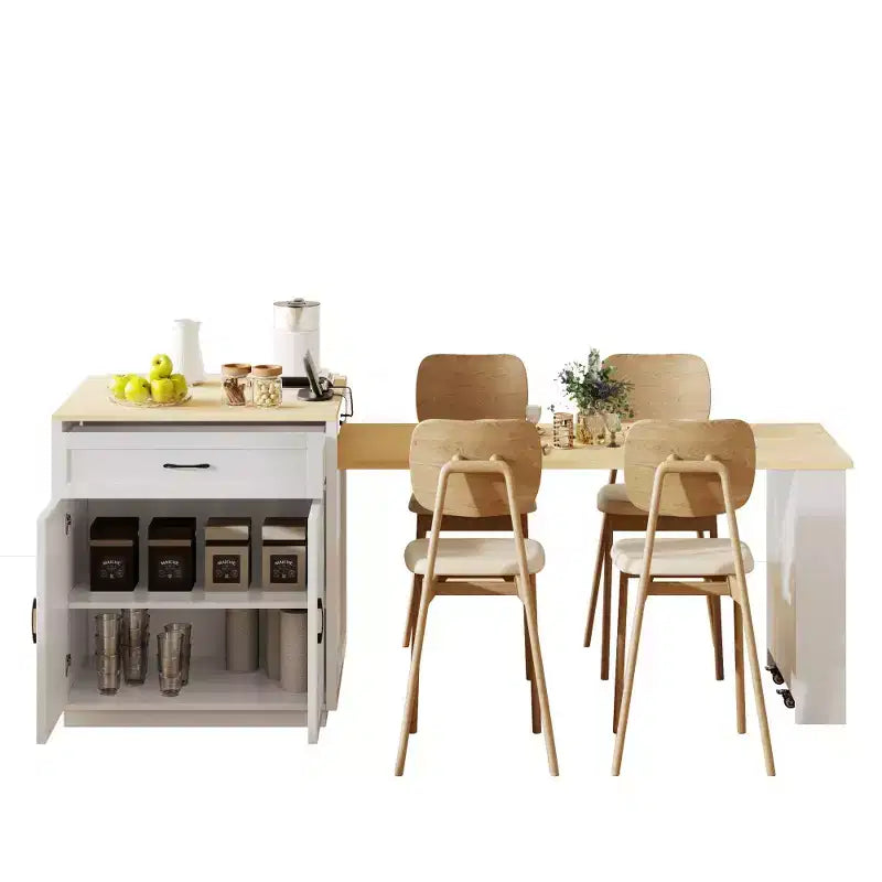 Îlot de cuisine avec table à manger extensible, table de cuisine bicolore avec prise de courant, 2 tiroirs et 2 étagères latérales ouvertes