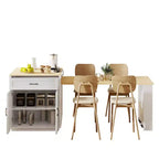 Îlot de cuisine avec table à manger extensible, table de cuisine bicolore avec prise de courant, 2 tiroirs et 2 étagères latérales ouvertes