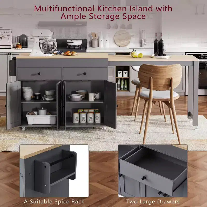 Îlot de cuisine avec table à manger extensible, table de cuisine bicolore avec prise de courant, 2 tiroirs et 2 étagères latérales ouvertes